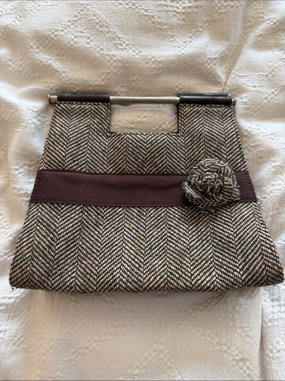 Isabella’s Journey Brown Tweed Handbag with Decorative Flower Accent